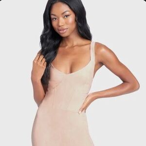 Bebe Pale Pink/Cream Suede Midi Dress with Spaghetti Straps